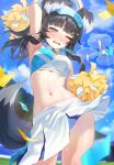  1girl absurdres animal_ears armpits blue_archive blue_eyes blue_skirt blue_sky blurry blurry_background blush breasts cheerleader cloud day dog_ears dog_tail drone eyewear_on_head halo hibiki_(blue_archive) hibiki_(cheerleader)_(blue_archive) highres medium_breasts midriff navel official_alternate_costume outdoors pom_pom_(cheerleading) sb_(dlwnsrl1783) skirt sky solo stadium standing sunglasses sweat tail two-tone_skirt wavy_mouth white_skirt 