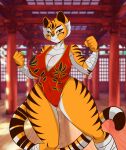  2022 anthro big_breasts breasts brown_eyes cleavage clothed clothing digital_media_(artwork) dojo dreamworks facial_markings felid feline female fist fur head_markings hi_res kung_fu_panda leotard mammal markings master_tigress mastergodai orange_body orange_fur pantherine pose smile solo stripes thick_thighs tiger white_body white_fur wide_hips yellow_sclera 