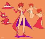  1girl bare_shoulders bodysuit breasts dress foie_(foolintisimo) foolintisimo full_body gloves highres multiple_views navel nipples orange_bodysuit original pussy red_hair reference_sheet short_hair simple_background small_breasts solo standing 
