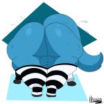  anthro big_butt blue_body blue_fur butt canid canine clothing downward_dog fur generation_4_pokemon hi_res huge_butt legwear lingerie lucario male mammal nintendo pokemon pokemon_(species) presenting presenting_hindquarters rear_view solo stockings sweater topwear video_games yoga 