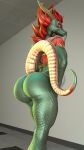  anthro asian_mythology back_tattoo big_butt butt dragon east_asian_mythology eastern_dragon female green_body hair hi_res horn kyleroo looking_back mythology nude petruz_(copyright) pink_eyes raised_tail red_hair smile solo tattoo teeth whiskers 