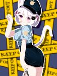  1girl animal_ear_fluff animal_ears ashitaba_kemo bandaid bandaid_on_cheek bandaid_on_face bangs black_headwear black_skirt blue_shirt blurry blurry_background blush breasts cat_ears cat_girl cat_hair_ornament cat_tail caution_tape closed_mouth collared_shirt commentary_request cuffs depth_of_field from_side hair_ornament hair_ribbon hairclip hand_up handcuffs hat highres holding keep_out looking_at_viewer looking_to_the_side medium_breasts original outline paw_pose peaked_cap police police_hat police_uniform policewoman purple_eyes red_ribbon ribbon shirt skirt smile solo tail uniform white_hair white_outline x_hair_ornament 