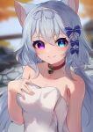  1girl absurdres animal_ears bare_shoulders blue_bow blue_eyes blurry blurry_background bow choker closed_mouth collarbone commentary_request commission copyright_request fox_ears fox_girl hair_bow heterochromia highres hinata_(user_rjkt4745) looking_at_viewer naked_towel onsen purple_eyes red_choker skeb_commission smile solo towel 
