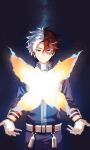  1boy absurdres belt blue_eyes blurry boku_no_hero_academia burn_scar closed_mouth depth_of_field english_text fire floating_hair glowing grey_eyes hair_between_eyes hana_bie heterochromia high_collar highres light light_particles looking_at_viewer male_focus multicolored_hair open_hands parted_hair pyrokinesis red_hair scar scar_on_face shiny shiny_hair smile solo split-color_hair spoilers standing todoroki_shouto twitter_username two-tone_hair utility_belt white_hair x 