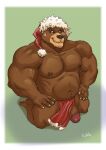  2021 abs anthro biceps big_penis body_hair border bottomwear bottomwear_aside christmas christmas_clothing christmas_headwear clothing clothing_aside deltoids genitals grin hands_on_hips happy_trail hat headgear headwear hi_res holidays kahlu kneeling loincloth loincloth_aside male mammal musclegut muscular muscular_thighs pecs penis pens red_loincloth santa_hat simple_background slightly_chubby smile solo triceps ursid white_border 