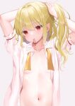  1girl blonde_hair breasts flandre_scarlet flat_chest grey_background highres light_smile looking_at_viewer mouth_hold navel open_clothes open_shirt red_eyes shirt short_sleeves small_breasts solo touhou tying_hair upper_body y_na1211 