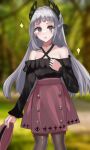  1girl alternate_costume arknights bangs bare_shoulders black_pantyhose black_shirt blue_sealad blurry blurry_background commentary criss-cross_halter feet_out_of_frame grey_eyes grey_hair halterneck head_wings highres holding irene_(arknights) long_hair long_sleeves looking_at_viewer off-shoulder_shirt off_shoulder outdoors pantyhose purple_skirt scar scar_across_eye shirt skirt solo standing very_long_hair 