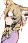  1girl animal_costume animal_ear_fluff animal_ears blonde_hair bow bowtie closed_mouth extra_ears fox_ears fox_girl ise_(0425) kemono_friends kemono_friends_3 looking_at_viewer multicolored_hair purple_shirt red_eyes rueppell&#039;s_fox_(kemono_friends) shirt short_hair simple_background solo white_background yellow_bow yellow_bowtie 