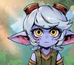  1girl animal_ears bangs bare_shoulders blush bush closed_mouth frown goggles goggles_on_head green_shirt grey_hair league_of_legends looking_at_viewer phantom_ix_row pointy_ears shiny shiny_hair shirt solo tristana upper_body yellow_eyes yordle 