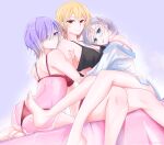  3girls absurdres bangs blonde_hair blush bra camisole chemise hair_between_eyes highres hololive hololive_indonesia kaela_kovalskia lingerie looking_at_viewer medium_hair moona_hoshinova multicolored_hair multiple_girls panties pavolia_reine purple_eyes purple_hair red_eyes see-through short_hair sitting sitting_on_lap sitting_on_person sleeveless spaghetti_strap the_raineman underwear underwear_only virtual_youtuber yuri 