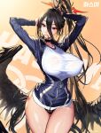  1girl adjusting_hair arms_up bangs black_choker black_hair black_panties black_wings blue_archive blush breasts choker covered_nipples curvy feathered_wings gym_uniform hair_between_eyes hair_tie hair_tie_in_mouth halo hasumi_(blue_archive) hasumi_(gym_uniform)_(blue_archive) highres huge_breasts jacket long_hair long_sleeves looking_at_viewer low_wings mole mole_under_eye mouth_hold nipples official_alternate_costume panties plump ponytail punc_p purple_eyes see-through see-through_shirt shirt simple_background skindentation solo thick_thighs thigh_gap thighs underwear very_long_hair white_shirt wings 