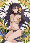  0825belle 1girl asymmetrical_bangs bangs bikini black_hair black_ribbon black_thighhighs breasts collarbone detached_collar earrings fate/grand_order fate_(series) flower gold_trim hair_ribbon hand_up heavenly_boat_maanna highres hoop_earrings ishtar_(fate) jewelry long_hair looking_at_viewer mismatched_bikini navel osmanthus parted_lips ribbon single_thighhigh sitting small_breasts smile solo swimsuit thighhighs tiara twintails yellow_eyes 