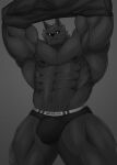  abs anatake anthro biceps big_muscles black_body black_clothing black_fur black_sclera black_shirt black_thong black_topwear black_underwear blue_eyes bulge canid canine canis clothing fur hi_res huge_muscles looking_at_viewer male mammal muscular muscular_anthro muscular_male pecs quads shirt solo standing thong topwear underwear undressing wolf 