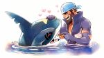  1boy :d archie_(pokemon) bandana beard blue_bandana blue_bodysuit bodysuit brown_hair chest_hair closed_eyes commentary facial_hair heart lintufriikki logo male_focus open_mouth pokemon pokemon_(creature) pokemon_(game) pokemon_oras ripples sharpedo short_hair signature smile team_aqua teeth torn_bodysuit torn_clothes water wetsuit 