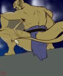  anthro bottomwear clothing disney gargoyle gargoyles hermesdidit hi_res humanoid lexington_(gargoyles) loincloth looking_at_viewer looking_back male membrane_(anatomy) membranous_wings muscular rear_view simple_background smile smiling_at_viewer solo wings 