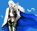  1boy androgynous armor berserk blue_background blue_eyes cape closed_mouth commentary commentary_request feathers griffith_(berserk) highres long_hair male_focus nisino2222 shoulder_armor simple_background solo wavy_hair white_cape white_hair 