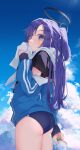  1girl absurdres ass black_shirt blue_archive blue_sky blush bottle buruma cloud halo highres holding holding_bottle jacket jacket_partially_removed looking_at_viewer purple_eyes purple_hair shirt sideways_glance sky solo star_sticker sticker_on_face sweatdrop track_jacket water_bottle white_towel yuuka_(blue_archive) yuuka_(gym_uniform)_(blue_archive) ziuuun 