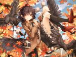  1girl autumn_leaves bird bird_wings black_feathers black_hair black_skirt black_socks black_wings blue_sky brown_jacket camera closed_mouth cloud crow feathers geta hat highres holding holding_notebook holding_pen jacket leaf leaf_print long_sleeves looking_at_viewer maple_leaf mizudori_(msarasoju) notebook outdoors pen pointy_ears pom_pom_(clothes) red_eyes red_headwear ribbon-trimmed_skirt ribbon_trim shameimaru_aya short_hair skirt sky smile socks tengu-geta tokin_hat touhou wings 