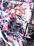  1girl absurdres animal_ears arknights bow braid cat_ears cat_tail coat electricity garter_straps goldenglow_(arknights) hairband highres holding holding_staff narugrm pink_coat pink_hair scissors staff tail tears thighhighs twitter_username yellow_eyes 