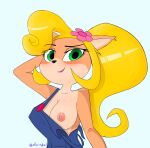  activision alluringtail anthro big_breasts blonde_hair blush breasts clothed clothing coco_bandicoot crash_bandicoot_(series) erect_nipples female flower_hair_accessory fur green_eyes hair hi_res lipstick long_hair makeup nipple_outline nipples orange_body orange_fur overalls ponytail raised_arm smile solo topless video_games 