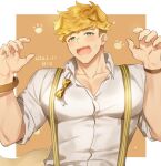  1boy animal_ears bangs blonde_hair blush bow bowtie bracelet collared_shirt dog_boy dog_ears granblue_fantasy green_eyes highres jewelry large_pectorals loose_bowtie male_focus muscular muscular_male open_mouth pectorals rio_mukiniki shirt short_hair smile solo suspenders undercut upper_body vane_(granblue_fantasy) white_shirt 