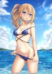  1girl absurdres bangs bare_shoulders bikini bikini_pull blonde_hair blue_bikini blue_eyes blue_sky blush breasts cleavage clothes_pull collarbone cowboy_shot day edchi hayasaka_ai highres kaguya-sama_wa_kokurasetai_~tensai-tachi_no_renai_zunousen~ long_hair looking_at_viewer navel outdoors parted_lips photoshop_(medium) pulled_by_self side_ponytail sky smile solo stomach strap_slip swimsuit wading water 