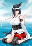  1girl black_hair blue_sky breasts cloud commentary_request day detached_sleeves fusou_(kancolle) hair_ornament headgear highres japanese_clothes kantai_collection kiriki_haruomi knee_pads large_breasts long_hair outdoors pleated_skirt red_eyes red_skirt sitting skirt sky solo wariza water wide_sleeves 