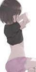  1girl black_shirt brown_hair clothes_lift highres hiroki_(yyqw7151) lifted_by_self original panties panties_under_shorts pink_shorts shirt shirt_lift short_hair short_sleeves shorts simple_background sitting solo thighs underwear undressing white_background white_panties 