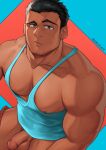  1boy absurdres artist_name bara black_hair blue_tank_top facial_hair flaccid highres large_pectorals looking_at_viewer male_focus mikicat muscular muscular_male nipples original pectorals penis short_hair solo tank_top testicles 