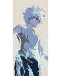  1boy absurdres arms_at_sides blue_eyes electricity enoki_(gongindon) expressionless feet_out_of_frame fighting_stance highres hunter_x_hunter killua_zoldyck male_focus shirt short_hair sleeveless sleeveless_shirt solo spiked_hair v-neck white_hair 