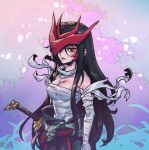  1girl bandaged_arm bandaged_chest bandages bangs bare_shoulders belt black_hair breasts genderswap genderswap_(mtf) large_breasts league_of_legends long_hair mask mask_on_head multicolored_background petals phantom_ix_row red_belt red_eyes scar shiny shiny_hair shiny_skin solo sword tree upper_body weapon yone_(league_of_legends) 