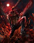  1boy blood blood_on_clothes blood_on_face blood_on_hands blood_on_weapon blood_splatter blood_spray chainsaw chainsaw_man collared_shirt denji_(chainsaw_man) facing_up glowing glowing_eye guro highres hybrid leg_up linlinzhong moon muscular muscular_male night open_clothes open_mouth red_theme sharp_teeth shirt solo teeth tongue tongue_out weapon white_shirt 