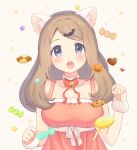  1girl alternate_costume animal_ears bat_hair_ornament blush brown_hair candy_wrapper collarbone commentary dress eyelashes grey_eyes hair_ornament heart highres long_hair looking_at_viewer nasakixoc open_mouth paw_pose pokemon pokemon_(game) pokemon_xy serena_(pokemon) sleeveless sleeveless_dress solo star_(symbol) symbol-only_commentary teeth tongue upper_teeth 