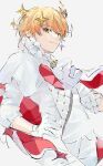  1boy blonde_hair cape closed_mouth crown_hair_ornament floating_hair_ornament gloves hand_on_hip highres iwatnc looking_at_viewer male_focus pants project_sekai shirt smile solo sparkle_hair_ornament tenma_tsukasa white_cape white_gloves white_pants white_shirt yellow_eyes 