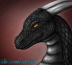  ambiguous_gender black_body black_scales dragon feral glistening glistening_eyes grey_body grey_scales kiva~ mouth_closed orange_eyes pupils scales side_view simple_background slit_pupils solo text url 