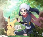  1girl affectionate akari_(pokemon) black_hair black_shirt blush character_print commentary_request day eyelashes floating_hair floating_scarf grey_eyes grey_jacket grey_skirt haru_(haruxxe) head_scarf holding jacket leaf logo long_hair open_mouth outdoors pantyhose picture_(object) pikachu pokemon pokemon_(creature) pokemon_(game) pokemon_legends:_arceus ponytail red_scarf scarf shirt sidelocks sitting skirt tongue white_headwear 