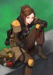  1girl absurdres apex_legends asian bangs bloodhound_(apex_legends) boots brown_footwear brown_hair brown_pants cable genderswap genderswap_(otf) gloves grass hantata headwear_removed helmet helmet_removed highres knee_pads looking_to_the_side pants parted_bangs realistic red_eyes red_gloves sitting solo 