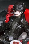  1boy amamiya_ren black_hair black_jacket btmr_game cake cake_slice eating food gloves highres holding holding_cake holding_food jacket licking_lips looking_at_viewer open_clothes open_jacket open_mouth persona persona_5 red_eyes red_gloves short_hair signature sitting teeth tongue tongue_out 