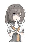  1girl adjusting_clothes adjusting_gloves akizuki_(kancolle) brown_hair closed_mouth glove_in_mouth gloves grey_eyes highres kantai_collection looking_at_viewer mouth_hold neckerchief orange_neckerchief sayuwan school_uniform serafuku short_hair simple_background solo upper_body white_background 