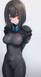  1girl absurdres arms_behind_back bangs black_bodysuit black_hair bob_cut bodysuit breasts brown_hair covered_navel fortified_suit fukai_ryosuke hair_between_eyes hair_ornament hairclip highres impossible_clothes inverted_bob medium_breasts medium_hair muvluv muvluv_alternative muvluv_alternative_(anime) orange_eyes parted_lips pilot_suit skin_tight solo standing usuki_sakura white_background 