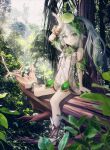  1girl :o alpha_beast armlet bangs bare_shoulders barefoot blurry blurry_foreground blush bush cross-shaped_pupils dappled_sunlight detached_sleeves dress female_child forest genshin_impact green_eyes green_sleeves highres holding light long_hair looking_at_viewer nahida_(genshin_impact) nature open_mouth pointy_ears side_ponytail sitting sleeveless sleeveless_dress socks solo stirrup_footwear sunlight toeless_footwear tree white_dress white_hair white_socks 