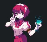 1girl 4qw5 android black_background cocktail cocktail_glass cup dorothy_haze drinking_glass english_commentary holding holding_cup index_finger_raised joints looking_at_viewer maid_headdress open_mouth pixel_art red_eyes red_hair robot_joints shirt short_hair simple_background solo upper_body va-11_hall-a white_shirt 