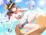  1girl ;d animal_ears bare_arms bare_legs bikini bikini_top_only blue_archive blue_sky blush breasts cloud day denim denim_shorts fox_ears fox_girl fox_hair_ornament fox_shadow_puppet fox_tail hair_ornament halo highres izuna_(blue_archive) izuna_(swimsuit)_(blue_archive) looking_at_viewer medium_breasts navel neckerchief ocean one_eye_closed open_fly open_mouth outdoors pink_neckerchief pink_scarf pom_pom_(clothes) pom_pom_hair_ornament ramune same_(samefgo) scarf shorts sky smile solo stomach striped striped_bikini swimsuit tail thighs visor_cap water 