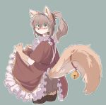  1girl absurdres animal_ears animal_nose annoyed apron ass bangs bell black_thighhighs bloomers blush body_fur brown_bloomers brown_fur brown_hair closed_mouth clothes_lift clothing_cutout commentary_request cowboy_shot cropped_legs dress dress_lift embarrassed fox_ears fox_girl fox_tail frilled_apron frilled_dress frills from_behind furry furry_female garter_straps green_background green_eyes hair_between_eyes hair_ribbon hairband hands_up highres jingle_bell leonardo_(user_crrj8878) lifted_by_self long_hair looking_at_viewer looking_back maid maid_apron nose_blush original outline ponytail purple_hairband red_dress red_ribbon ribbon short_sleeves sidelocks simple_background solo standing tail tail_bell tail_ornament tail_raised tail_through_clothes thighhighs two-tone_fur underwear v-shaped_eyebrows white_apron white_fur white_outline 