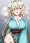  1girl aqua_hair aqua_kimono breasts dragon_girl dragon_horns fate/grand_order fate_(series) hair_between_eyes heart heart-shaped_pupils horns huge_breasts japanese_clothes kimono kiyohime_(fate) long_hair mamemix multiple_horns obi open_mouth sash solo symbol-shaped_pupils thighhighs translation_request very_long_hair white_thighhighs yellow_eyes 
