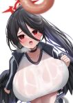  1girl absurdres balut_(7676i) black_hair blue_archive blue_jacket breasts choker collarbone doughnut food hair_between_eyes halo hasumi_(blue_archive) hasumi_(gym_uniform)_(blue_archive) highres huge_breasts jacket long_hair looking_at_viewer mole mole_under_eye open_mouth ponytail shirt simple_background solo sweat very_long_hair wet wet_clothes wet_shirt white_background 