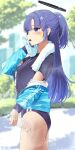  1girl bangs blue_archive blue_buruma blue_eyes blue_hair blue_jacket blue_shirt blurry blurry_background blush bottle buruma day gym_uniform half_updo halo highres holding holding_bottle jacket long_hair long_sleeves looking_away noeru off_shoulder official_alternate_costume open_clothes open_jacket open_mouth outdoors shirt short_sleeves solo star_sticker sticker_on_face towel towel_around_neck water_bottle yuuka_(blue_archive) yuuka_(gym_uniform)_(blue_archive) 