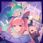  3girls album_cover animal_ears bangs braid cellphone cosplay cover denonbu fasna hair_bun headband inubousaki_shian kigurumi long_hair long_sleeves looking_at_viewer lying minakami_hina multiple_girls nail_polish object_hug official_art on_back one_eye_closed open_mouth orange_hair pajamas phone pillow pillow_hug pink_eyes purple_eyes purple_hair rabbit_ears sakurano_mimito short_hair smartphone smile smug yawning 