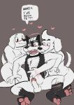  &lt;3 &lt;3_eyes anthro blush bottomless canid canine canis clothed clothing collar dogamy dogaressa doggo_(undertale) domestic_dog female fur genitals group hi_res hickeybickeyboo male male/female male/male mammal nude penis petting shirt surprised_expression tank_top text topwear trio undertale undertale_(series) video_games white_body white_fur 
