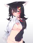  1girl animal_ears black_hair breasts choker hololive hood hood_down hoodie hoodie_lift lifted_by_self long_hair long_sleeves medium_breasts multicolored_hair nakami_(lhyqc) naked_hoodie ookami_mio orange_eyes red_hair sleeves_past_wrists tail very_long_hair virtual_youtuber white_hair wolf_ears wolf_girl wolf_tail 